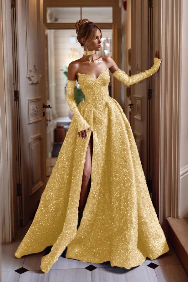 Strapless Sleeveless Long Split Evening Formal Dress With Sequined Detachable sleeves