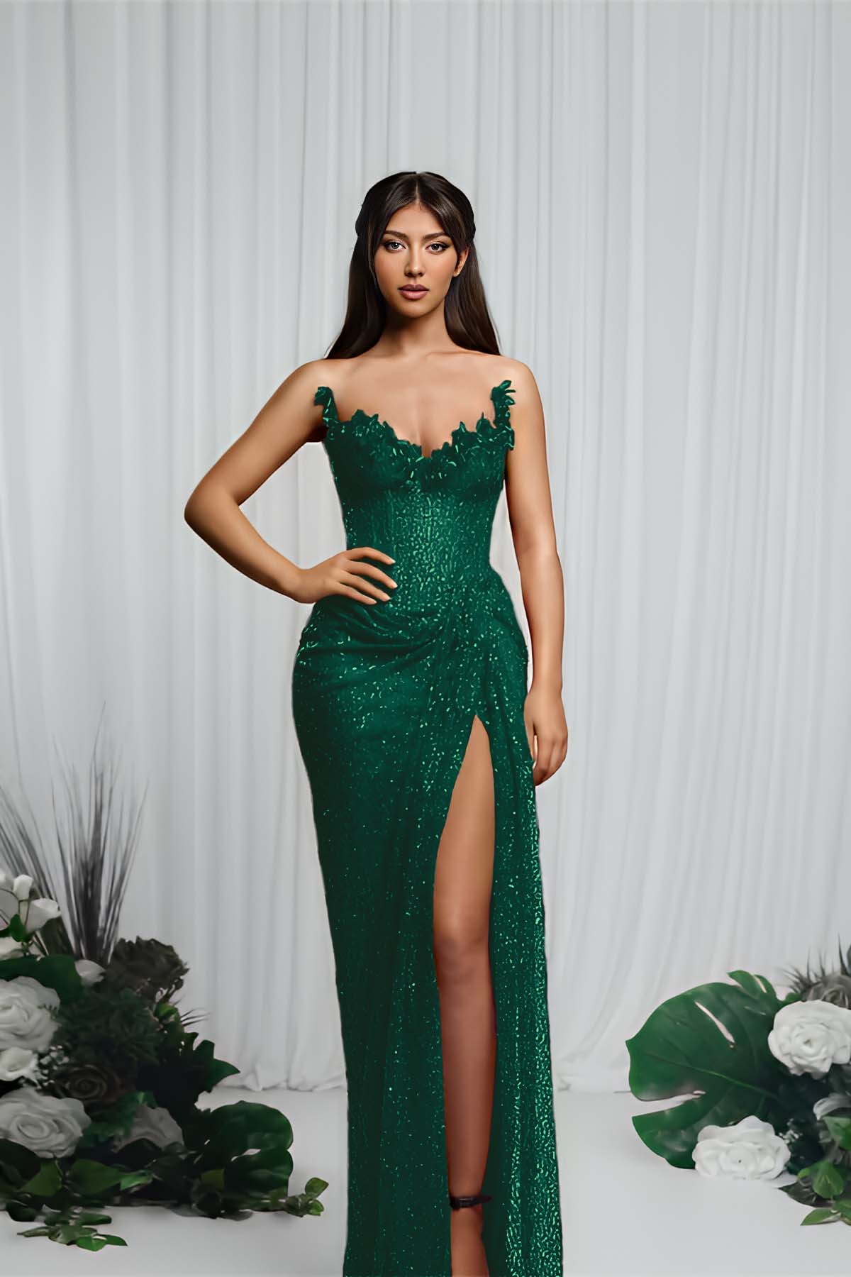 Strapless Sleeveless Mermaid Evening Formal Dress With High Split Pleated
