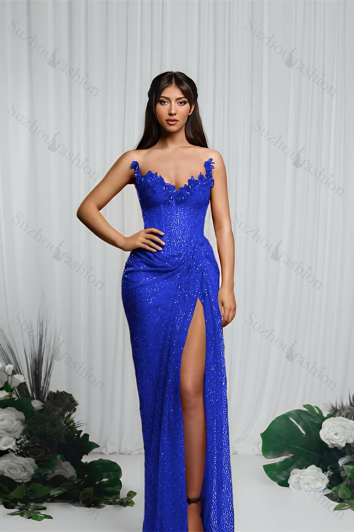 Strapless Sleeveless Mermaid Evening Formal Dress With High Split Pleated