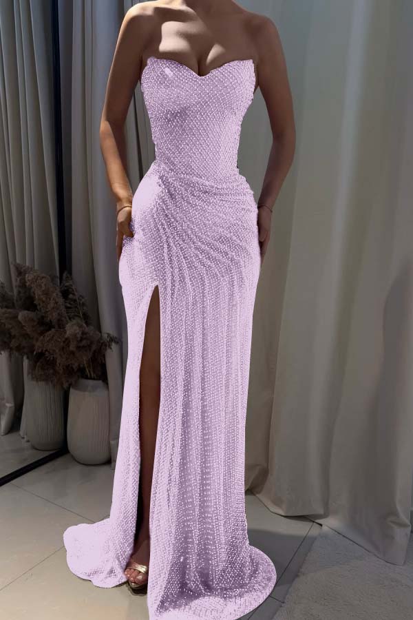 Strapless Sleeveless Mermaid Long Evening Formal Dress With Split Pleated