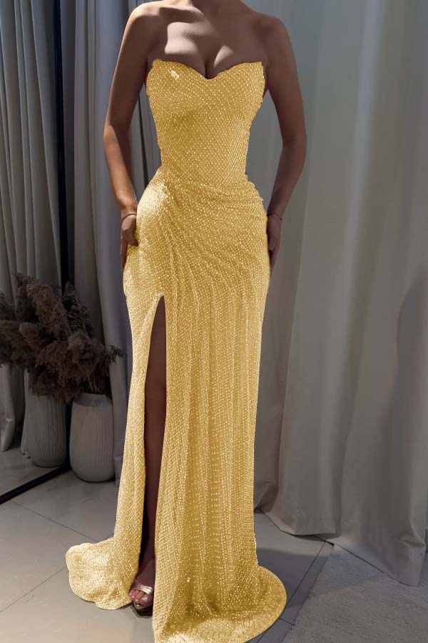 Strapless Sleeveless Mermaid Long Evening Formal Dress With Split Pleated