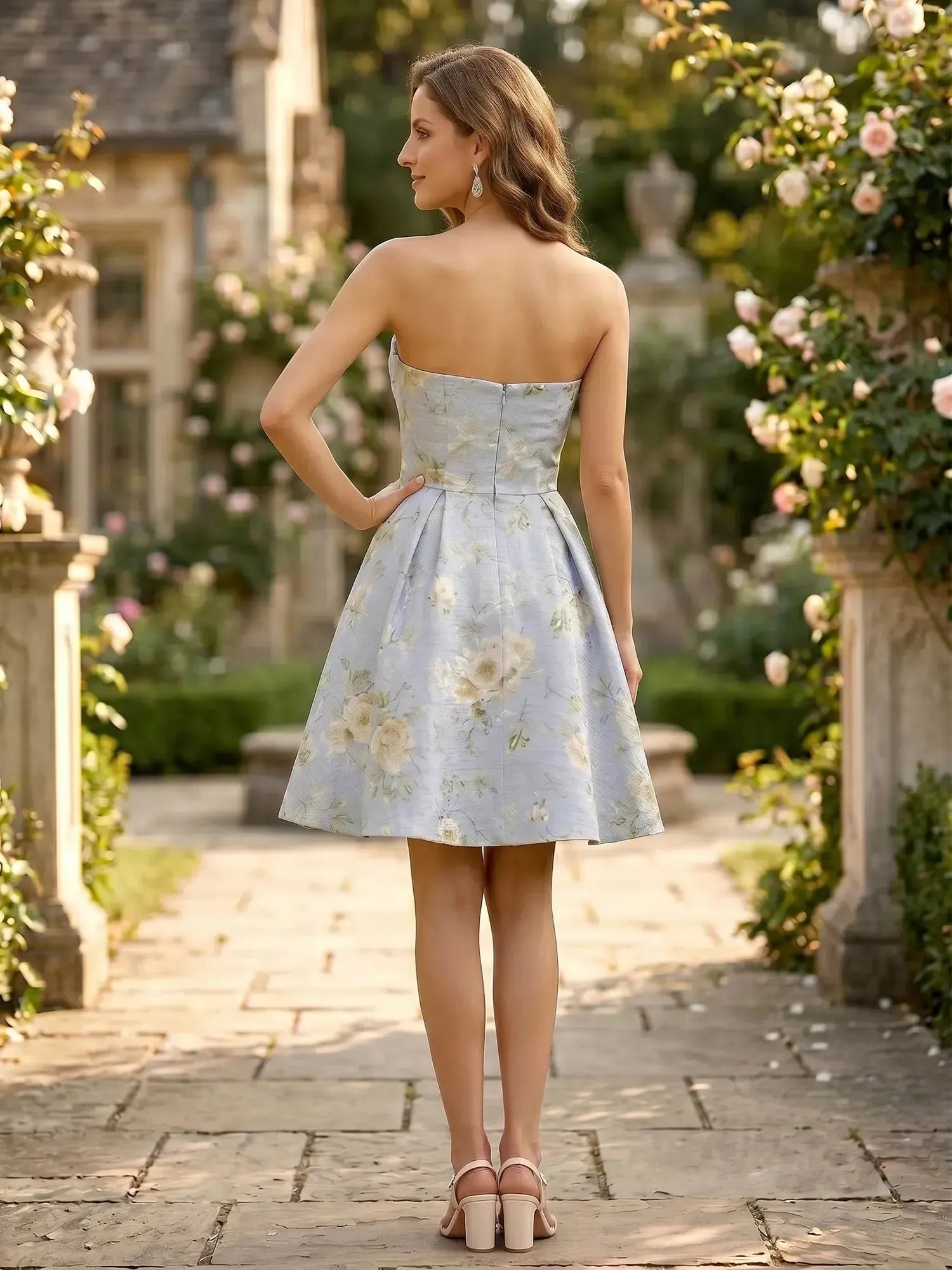 Strapless Sweetheart Floral Brocade Mini Dress with Pleated Skirt Homecoming Dresses