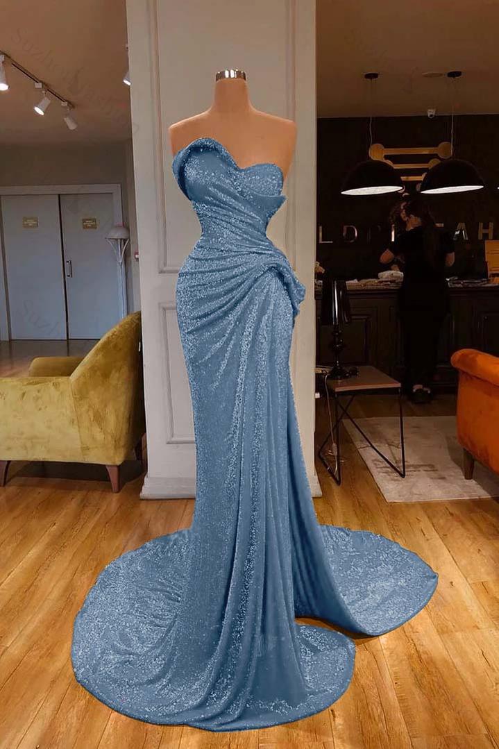 Strapless Sweetheart Sleeveless Long Mermaid Evening Formal Dress Red Prom Dress With Sequined