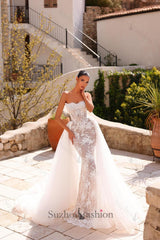 Strapless Wedding Dress Mermaid Lace Appliques Bridal Gown with Detachable Train