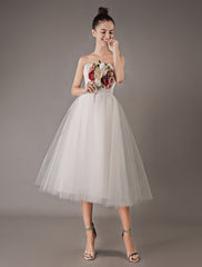 Strapless White Tulle Knee-Length Zipper Beach Wedding Dresses