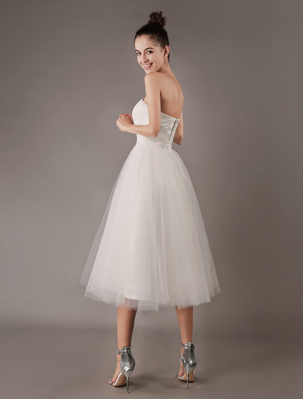 Strapless White Tulle Knee-Length Zipper Beach Wedding Dresses