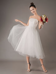 Strapless White Tulle Knee-Length Zipper Wedding Dresses