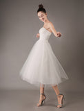 Strapless White Tulle Knee-Length Zipper Wedding Dresses