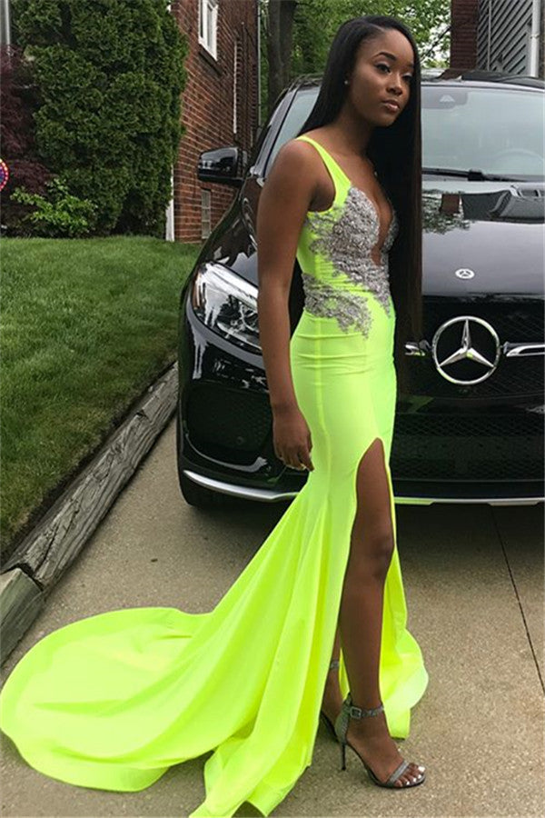 Straps Beads Appliques Mermaid Prom Dresses | Side Split V-neck Evening Dresses