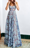 Straps Blue Lace Sheer Long Prom Dresses New Arrival Sleeveless Evening Gown