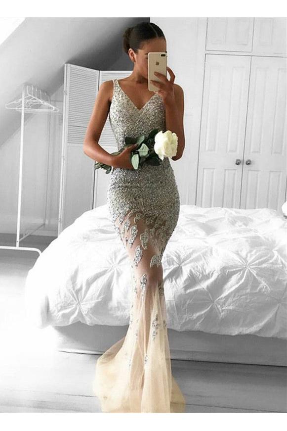 Straps Gorgeous Sheer Sleeveless Beads Tulle Mermaid Evening Dress