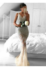 Straps Gorgeous Sheer Sleeveless Beads Tulle Mermaid Evening Dress