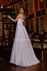 Straps Lace Wedding Dresses Crystals A-line Floor Length Lace Up Bridal Gowns