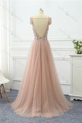 Straps Prom Dress V Neck Sleeveless Tulle A Line Evening Formal Dress Long With Beading