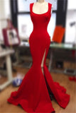 Straps Red Mermaid Sexy Split Prom Dresses | Square Neckline Sleeveless Online Evening Gowns