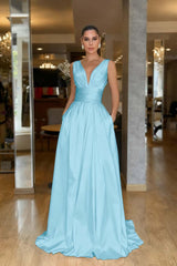 Straps Sleeveless High Waist Long Evening Formal Dress With Pockets Pleated