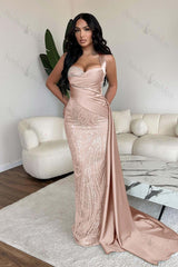 Straps Sweetheart Sleeveless Long Mermaid Evening Formal Dress With Sequined