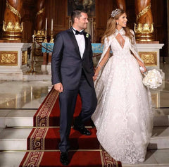 Straps V-neck Beads Appliques A-line Beach Wedding Dresses | Bridal Gowns with Lace Cape