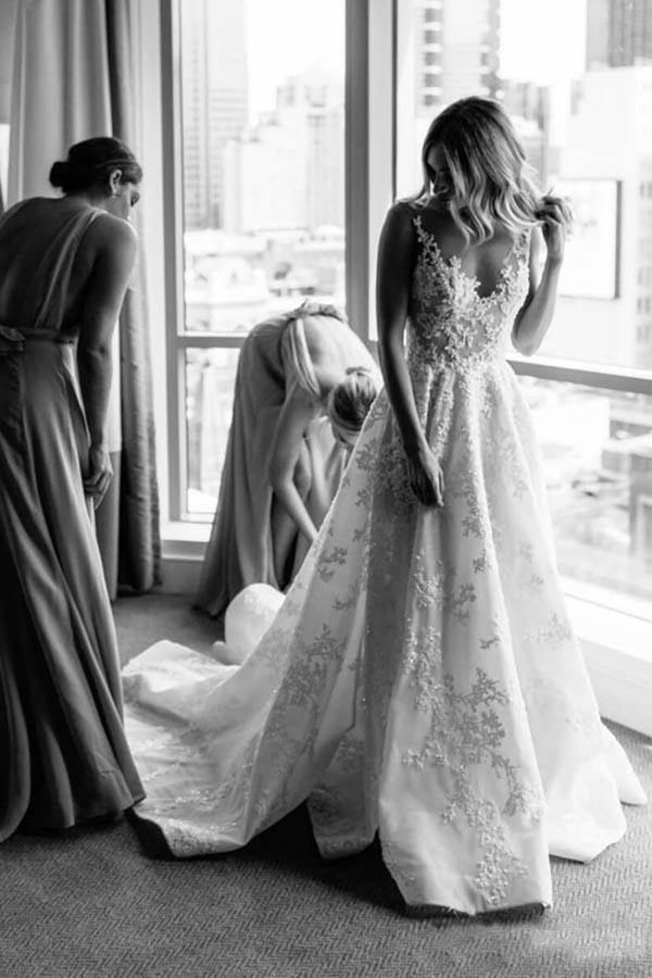 Straps V-neck Floral Beads A-line Beach Wedding Dress