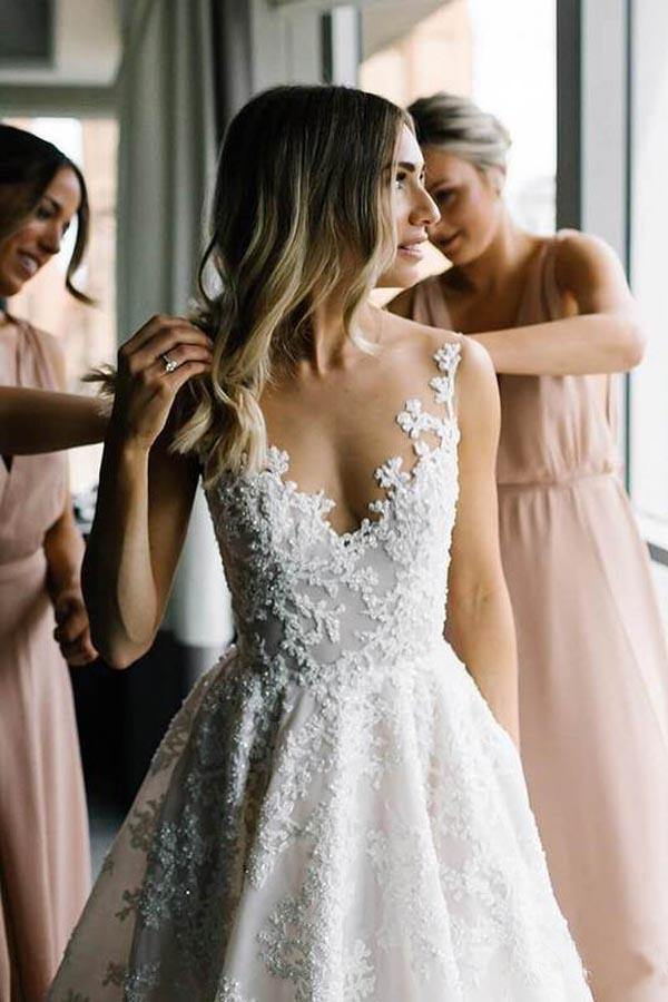 Straps V-neck Floral Beads A-line Beach Wedding Dress
