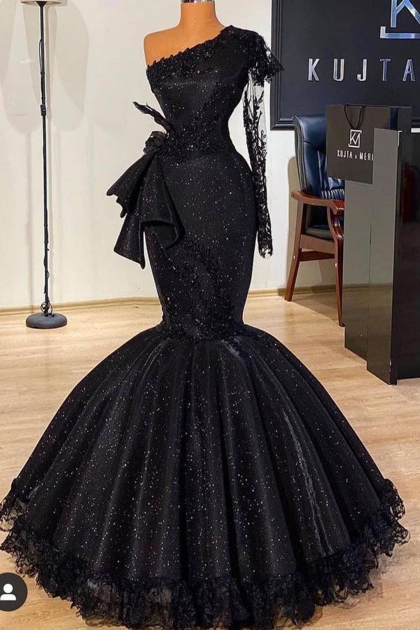 Stunning Black Glitter Mermaid Prom Dress Long Sleeves with Floral Lace Slim Party Dress