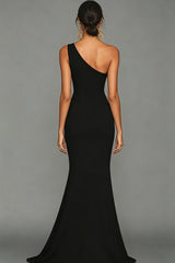 Suzhoufashion Stunning Black Mermaid One Shoulder Long Satin Prom Dress With Slit