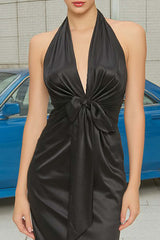 Suzhoufashion Stunning Black Satin Halter Neck Sheath Ruched Long Prom Dress
