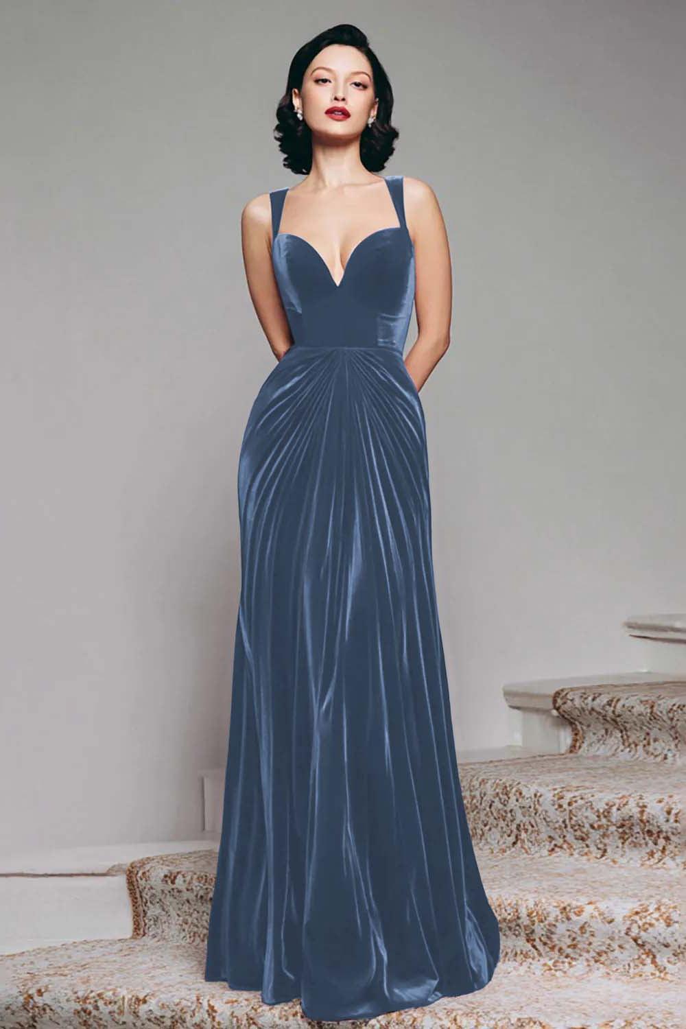 Stunning Burgundy Velvet Mermaid Thick Straps Long Prom Dress