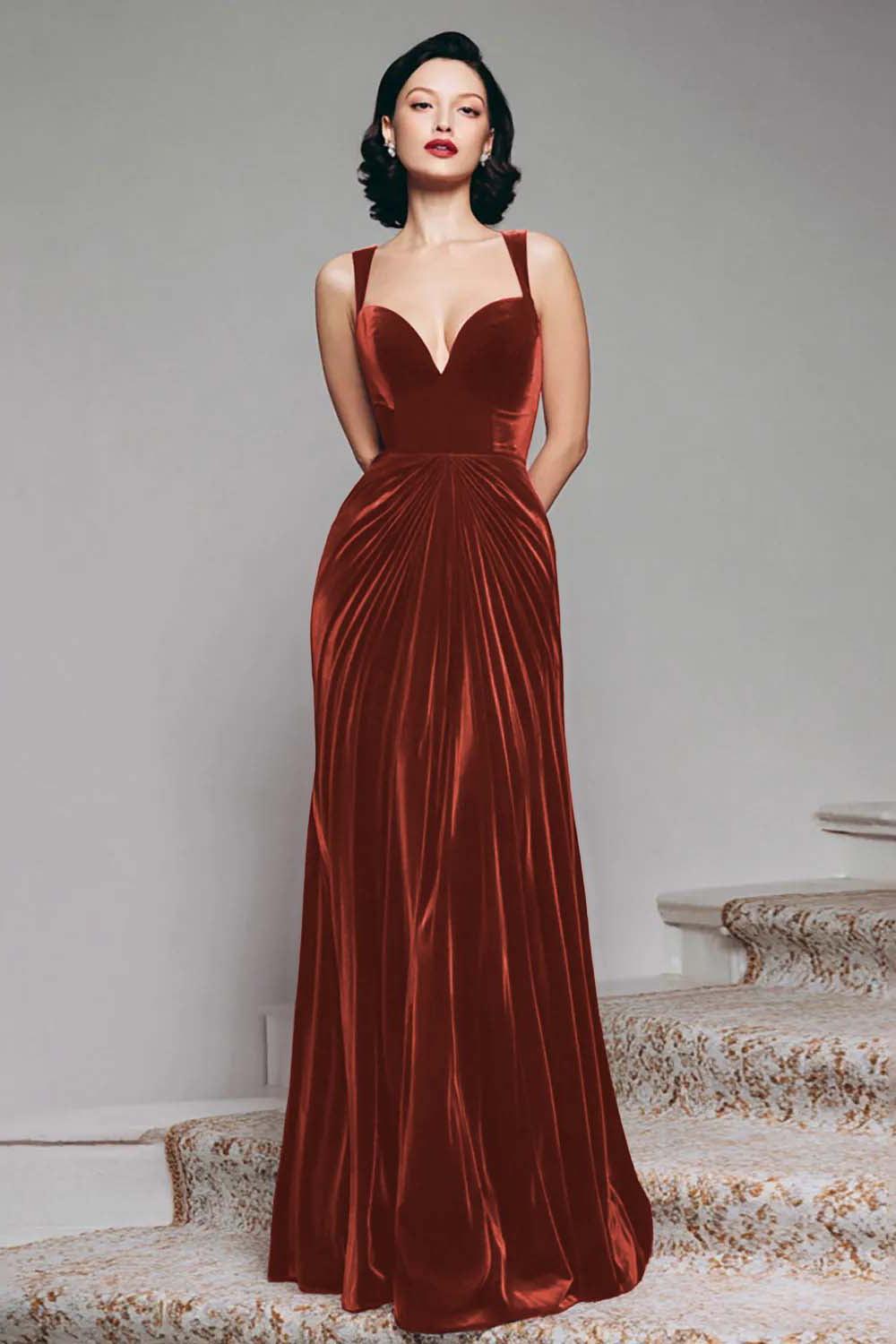 Suzhoufashion Women Stunning Burgundy Velvet Mermaid Thick Straps Long Prom Dress Formal Gown – suzhoufashion