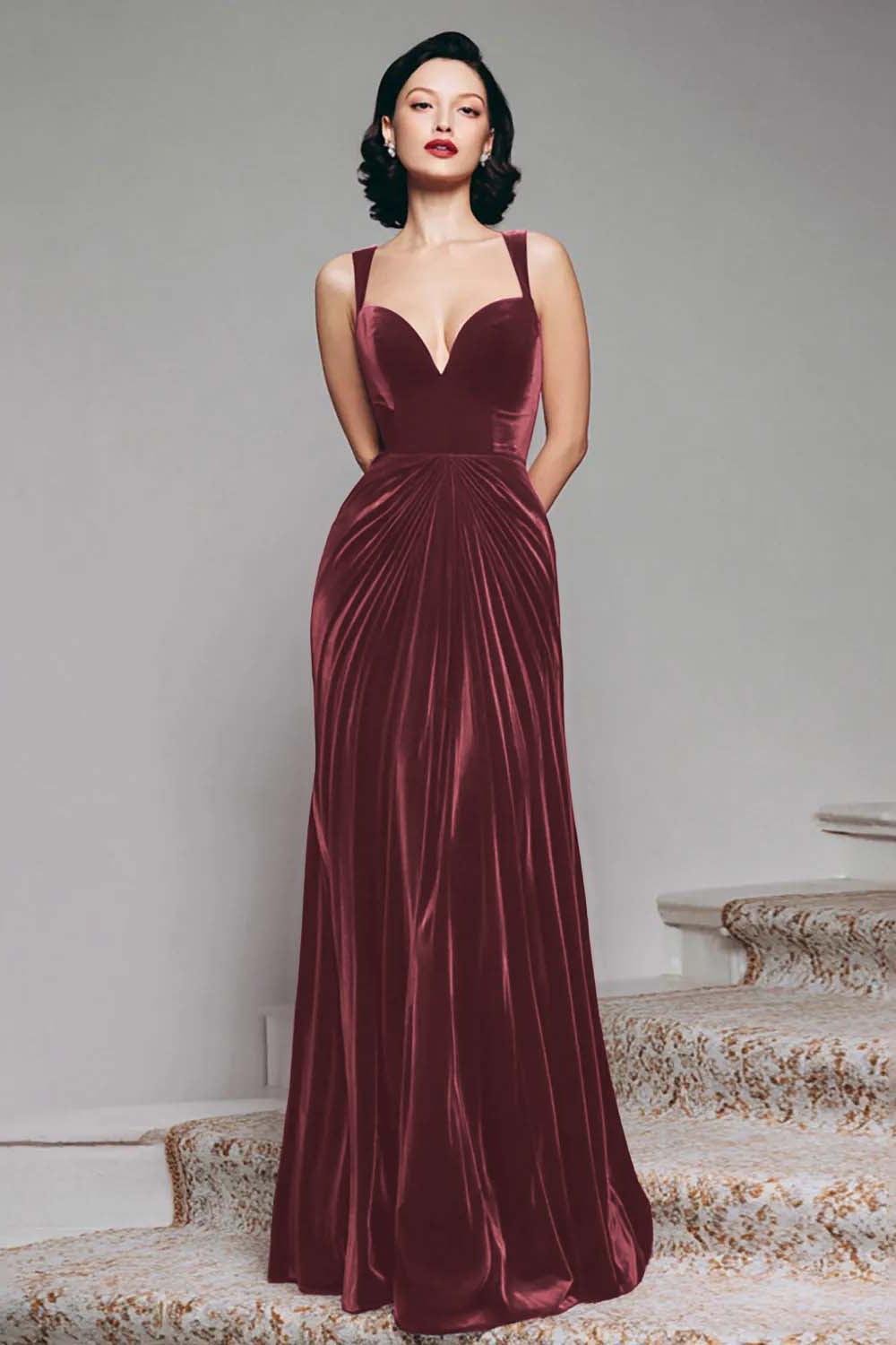 Stunning Burgundy Velvet Mermaid Thick Straps Long Prom Dress