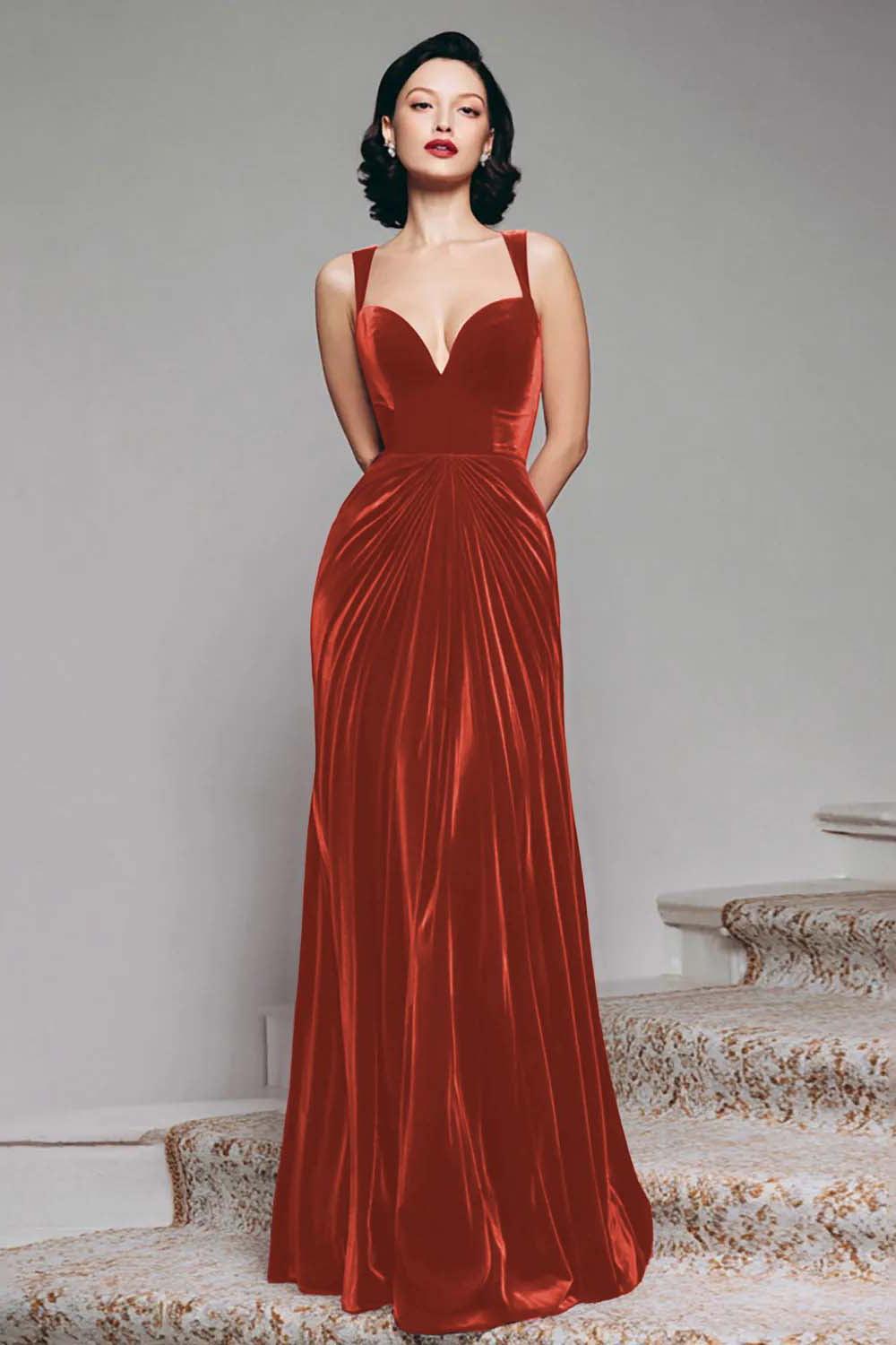 Stunning Burgundy Velvet Mermaid Thick Straps Long Prom Dress