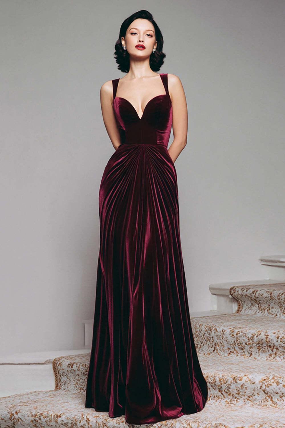 Stunning Burgundy Velvet Mermaid Thick Straps Long Prom Dress