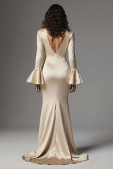 Suzhoufashion Stunning Champagne Satin Mermaid Flare Sleeves Long Evening Dress With Slit
