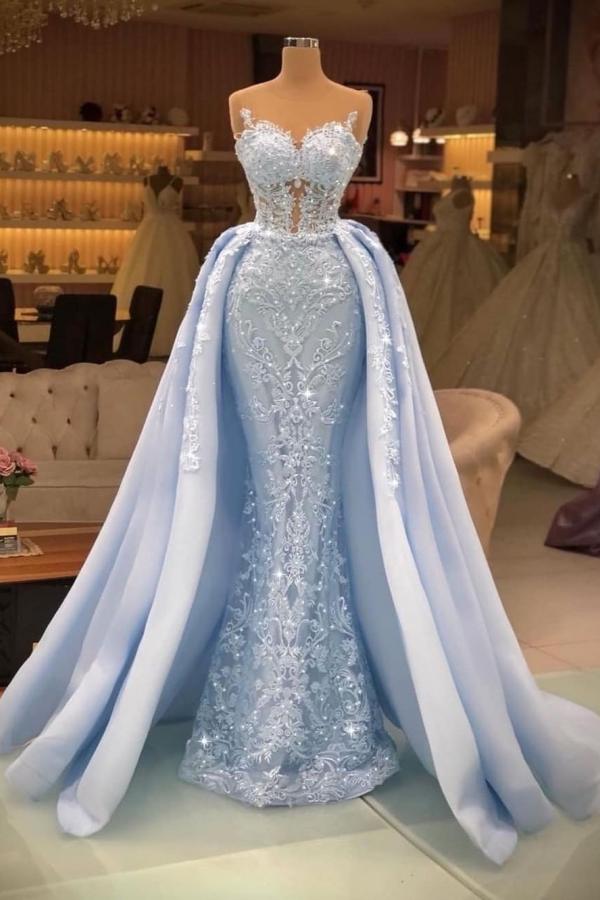 Stunning Glitter Crystals Sequins Mermaid Evening Gown Sleeveless Detachable Sweep Train Sleeveless Prom Dress