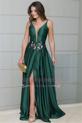 Stunning Green sleeveless Front Split Prom Dresses | Spaghetti Strap Appliques A-Line Evening Gown