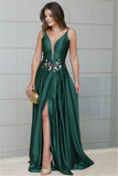 Stunning Green sleeveless Front Split Prom Dresses | Spaghetti Strap Appliques A-Line Evening Gown