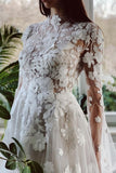 Stunning High Collar Long Sleeves A-Line Lace Bridal Gowns with Chapel Train