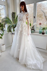 Stunning High Collar Long Sleeves A-Line Lace Bridal Gowns with Chapel Train