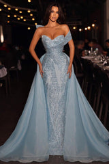 Stunning Long Blue A-line Off-the-shoulder Sleeveless Sequined Prom Dress With Detachable Train