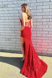 Stunning Long Red One Shoulder Formal Wears Glitter Lace Prom Dresses With Split Online