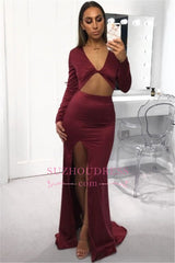 Stunning Long Sleeves Front Split V-Neck Prom dresses | Mermaid Burgundy Prom Gown On Sale