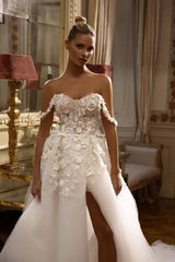 Stunning Long White Off-the-shoulder A-line Lace Bridal Gowns With Split Online