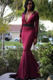 Stunning Mermaid Deep V-Neck Long-Sleeves Evening Gown | Appliques Prom Dresses