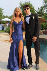 Stunning Mermaid Spaghetti Straps Navy Blue Long Prom Dress With Split Front Formal Evening Gown