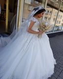 Stunning Off Shoulder V-Neck Tulle Lace Appliques Wedding Dress Aline Bridal Dress