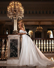 Stunning Off Shoulder White Floral Mermaid Slim Wedding Gowns Sweetheart Long Bridal Dress with Detachable Tail