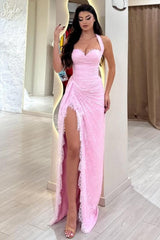 Stunning Pink Ruched Corset Lace Mermaid Prom Dress With Halter Neck & Slit Formal Evening Gown