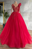 Stunning Red Beadings A-line Evening Maxi Dress Tulle V-Neck Party Dress for Women