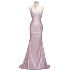 Stunning Rose Pink Sequined Evening Gown Long Spaghetti Strap Mermaid Sleeveless Prom Dress MQ0050