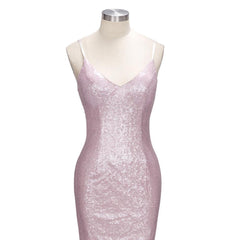 Stunning Rose Pink Sequined Evening Gown Long Spaghetti Strap Mermaid Sleeveless Prom Dress MQ0050
